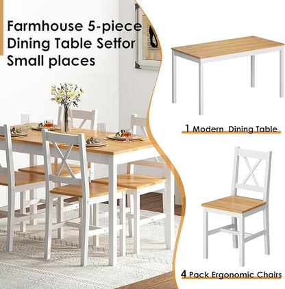 sogesfurniture Dining Table Set for 4，Dinette Set for 4 Small Space,5 Pieces Dining Table for Kitchen, Dining Room 47.5'', Pine Wood,Oak&White