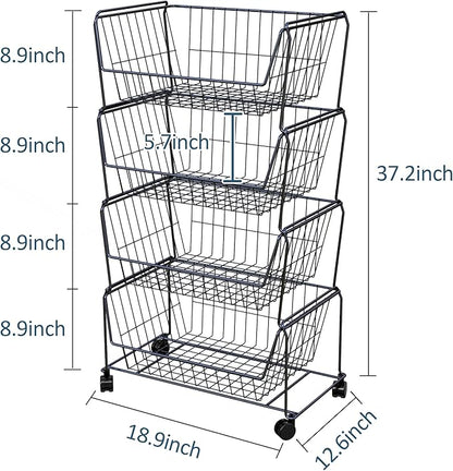 PUSDON 4-Tier Stackable Metal Storage Baskets, Anti-Rust Fruit Vegetable Rack, Dual Use Shelf for Kitchen, Home & Office, Black