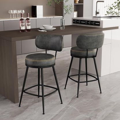 Counter Height Bar Stools, 26" H Swivel Barstools Set of 4, Faux Leather Kitchen Counter Stools with Back and Stylish Stitching, Metal Frame, Pub, Home Bar, Black Grey