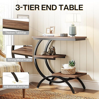 Tribesigns C-Shaped End Table Set of 2, Industrial 3-Tier Small Side Table for Couch, Wood Bedside Table Snack Side Table with Storage Shelves for Living Room Small Space, Rustic Brown