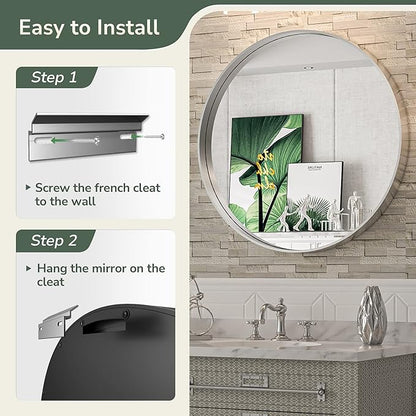 TokeShimi Round Mirror 24 Inch Brushed Silver Round Bathroom Mirror for Wall Non-Rusting Aluminum Alloy Brushed Silver Matte Metal Frame Modern Circle Mirror Multi Style Home Decor