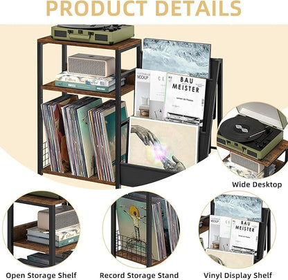 LELELINKY Record Player Stand with Vinyl Storage, 3 Tier Turntable Stand with Display Shelf Storage Up to 150 Albums,Brown End Table for Living Room