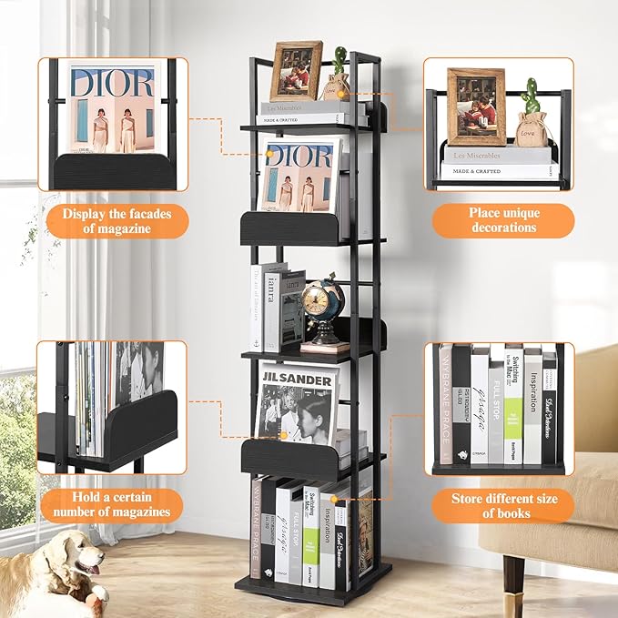 Bikoney Rotating Bookshelf, 5-Tier Bookshelves Tower for Corner, Small Narrow Bookcase, Tall Industrial Bookshelf, Wood and Metal Black