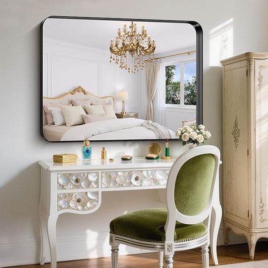 FORBATH 48x36 Inch Bathroom Mirror, Brushed Black Deep Frame Wall Mirror with Rounded Corners, Anti-Rust Tempered Glass for Modern Farmhouse Vanity (Horizontal/Vertical)