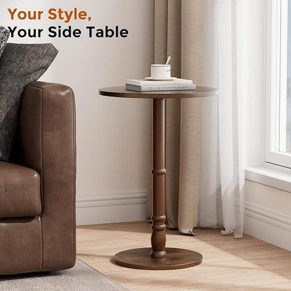 Round Side Table, Solid Wood Pillar, Large 15.7" Top, Small Accent Table for Living Room, Bedroom, Sofa, Entryway & Office, Easy Assembly, Rustic Brown