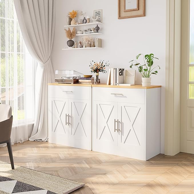 Shintenchi Farmhouse Storage Cabinets with Doors and Shelves,Kitchen Barn Door Storage Cabinet with Drawers,Coffee Bar Cabinet Buffest Sideboard for Dining Room,Bathroom,Entryway,White