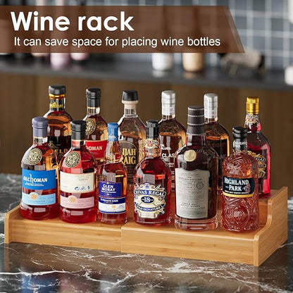 X-cosrack Expandable Liquor Bottle Display Shelf, Tabletop Wine Rack, Countertop Coffee Syrup Organizer Rack, Bamboo Bottle Stand for Liquor Whiskey Display Bar Shelves, Home Bar Display