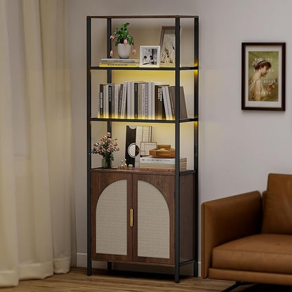 Bookshelf with Rattan Doors, 71" Tall Bookcase with Light and Adjustable Shelf, 5 Tier Book Shelf Storage Organizer for Bedroom, Living Room and Home Office