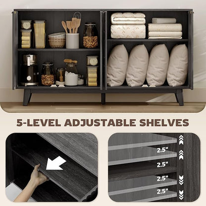 HOMCOM Fluted Sideboard Buffet Cabinet, 55" Modern Accent Console Cabinet with 4 Doors, 2 Adjustable Shelves and 5 Wood Legs, Distressed Gray