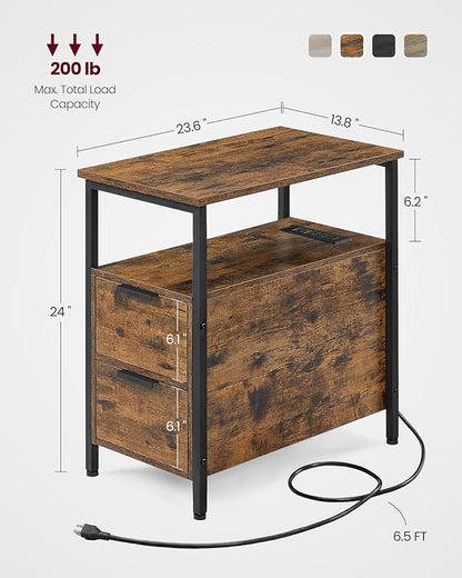 VASAGLE Side Table with Charging Station, Narrow End Table with 2 Drawers, Slim Nightstand and Bedside Table with Storage, for Small Spaces, Rustic Brown + Black