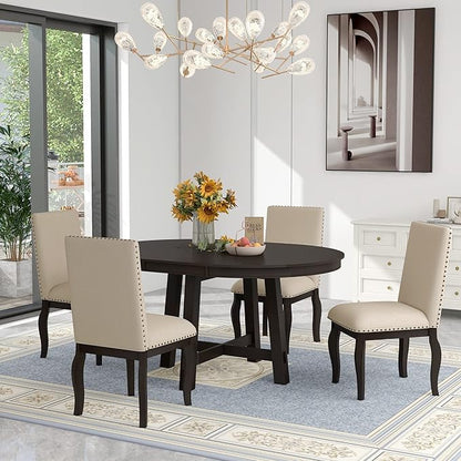 Ball & Cast 5 Piece Dining Table Set with 4 Upholstered Curved Legs Chairs,Living Room Furniture W/ 43" Round Extendable Desk,for Restaurant,Home Bistro,Espresso