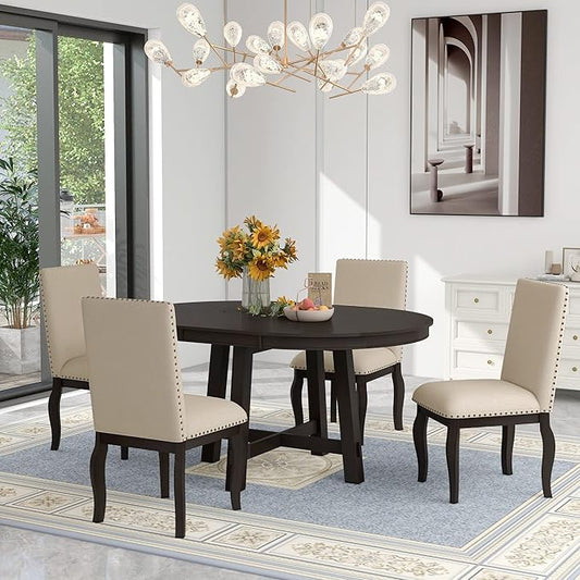 Ball & Cast 5 Piece Dining Table Set with 4 Upholstered Curved Legs Chairs,Living Room Furniture W/ 43" Round Extendable Desk,for Restaurant,Home Bistro,Espresso
