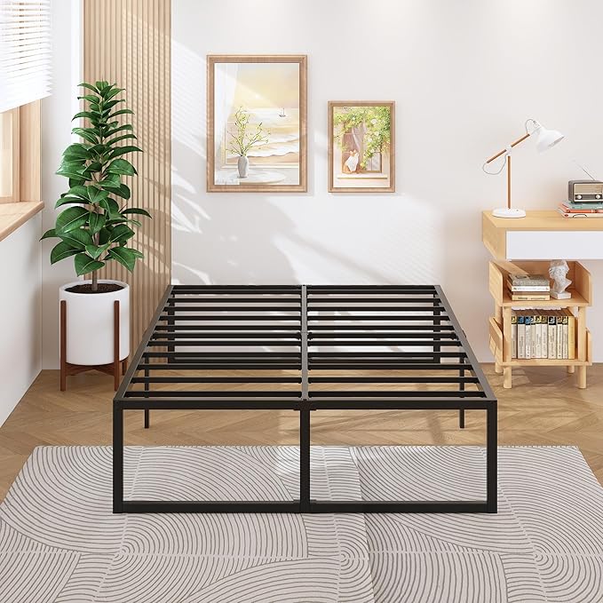 18 Inch King Bed Frame with Storage Bed Cover Skirt, Heavy Duty Metal Full Platform Bed Frame No Box Spring Needed, Easy Assembly, Noise Free, Black and Blue