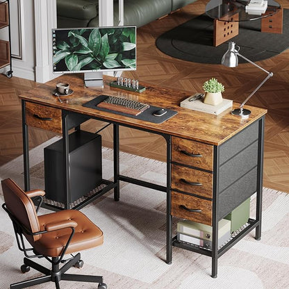 Huuger 47 Inch Computer Desk with 4 Drawers, Office Desk with Mesh Shelf, Gaming Desk, Large Storage, Writing Work Desk for Home Office, Study, Bedroom, Work from Home, Rustic Brown