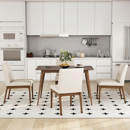 Dining Table Set for 4, Solid Rubberwood Upholstered Chairs, Mid-Century Modern Kitchen Furniture for Home, Dining/Living Room, Walnut+Beige