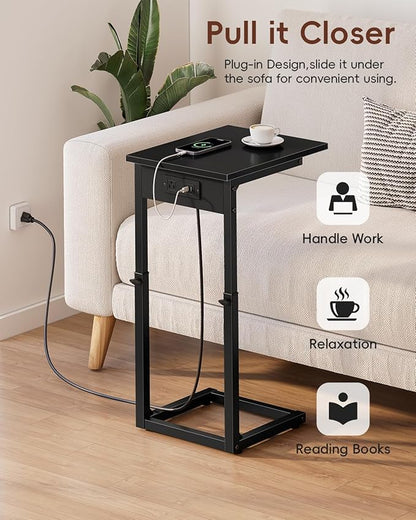 Vagusicc C Shaped End Table with Charging Station, 33" Tall Side Table for Couch, C Table Adjustable Height Small Couch Side Tables, Slide Under Sofa Table TV Tray Tables for Living Room,Bedroom,Black
