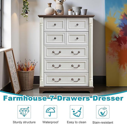 31.5" Farmhouse Sideboard Buffet Cabinet with Storage, Kitchen Buffet Storage Cabinet with 7 Drawers, Modern Wood Accent Sideboard for Living Room, Kitchen, Hallway(Antique White)