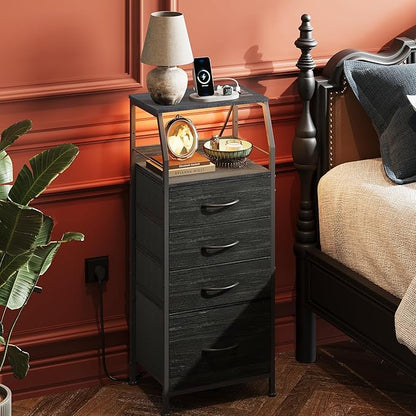 WLIVE Night Stand Set of 2 with Charging Station, Nightstand with LED Light and 4 Storage Fabric Drawers, Tall Dressers for Bedroom, Bedside Tables, Wood Shelf, Metal Frame, Black and Wood Grain Print