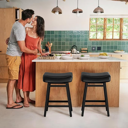 Counter Height Bar Stools Set of 2, 24 Inch Backless BarStools for Kitchen Island Leather Saddle Bar Chairs Kitchen Stools with 4" Thick Seats & Heavy Duty Metal Base, Black