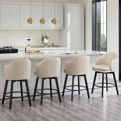 Counter Height Barstools 26 inch Upholstered Swivel Bar Stools with Back and Wood Legs for Kitchen Island,Set of 2,Beige PU Leather