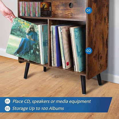3-Tier Vintage Record Player Stand, Mid-Century Vinyl Record Storage Cabinet Table Holds up to 100 Albums, Large Wood Turntable Stand for Living Room, Office, Rustic Brown