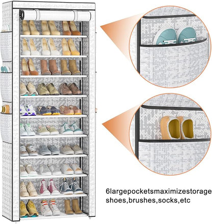 Shoes Rack 10 Tier Tall Shoe Rack with Storage Pockets, Fabric Covered Shoe Racks,Metal Shoes Rack Organizer for Closets,Bedroom, Garage