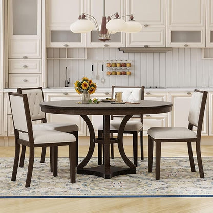 Ball & Cast Retro Dining Table Set for 4 with 4 Upholstered Chairs,5-Piece Wooden Living Room Furniture W/ 42" Round Extendable Kitchen Desk,for Small Space,Apartment,Dining Room,Espresso