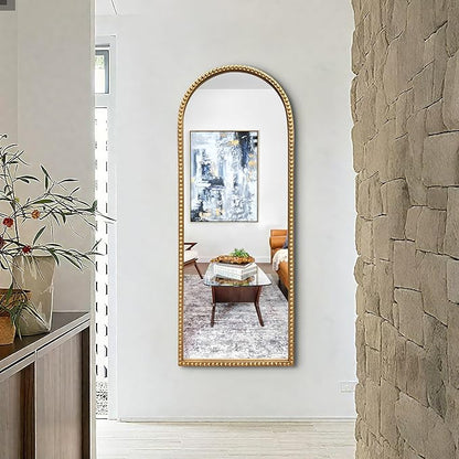 Vintage Full Length Wall Mirror, Large Gold Arch Floor Mirror 20"X53" with Antique Beaded Metal Frame for Dresser Living Room, Decorative Mirrors for Entryway Hallway Bathroom