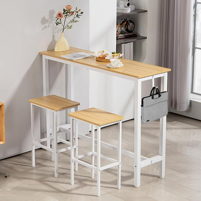 Finnhomy 52.7" Industrial Bar Table Set with 2 Stools - Counter Height Dining & Pub Table for Small Spaces, Kitchen, Apartment, Breakfast - Metal & Wood, Space-Saving Furniture - Oak Beige and White