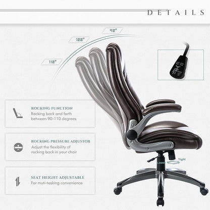 Leather Executive Office Chair - High Back Home Computer Desk Chair with Padded Flip-up Arms, Adjustable Tilt Lock, Swivel Rolling Ergonomic Chair for Adult Working Study, Brown