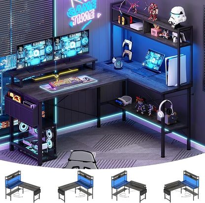 Aheaplus L Shaped Gaming Desk with Power Outlets & LED Lights, Small L- Shaped Desk Computer Corner Desk with Monitor Stand & Storage Shelf, Home Office Desk Writing Desk with Storage Bag, Grey Oak