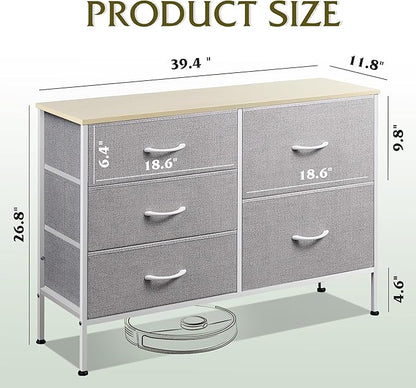 WLIVE Dresser for Bedroom with 5 Drawers, Wide Bedroom Dressers with Drawer Organizers, Chest of Drawers, Fabric Dresser for Living Room, Closet, Hallway, Light Grey