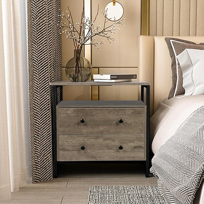 27 inch Wide Nightstand with Charging Station, Bedside Table with Open Shelf, 2 Drawers Small Wood Dresser, End Side Table for Bedroom (2 Pack,Rustic Gray)