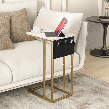 C Shaped End Table for Couch, Small Couch Side Table for Sofa, C Side Table with Storage Bag, TV Tray Table for Living Room, Bedside Table for Bedroom, Snack End Table for Couch, White