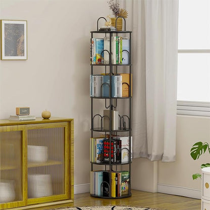 5 Tier Rotating Bookshelf, 360° Spinning Bookshelf Tower, Round Narrow Space Saving for Books and Display, Revolving Bookcase Corner Tall Book Shelf for Small Spaces, Bedroom, Living Room, Black