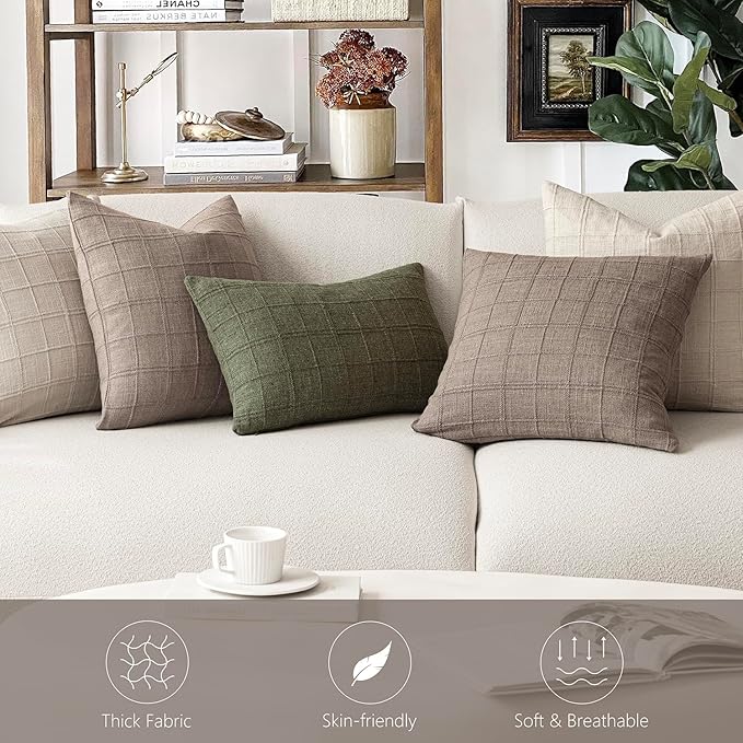 Foindtower Set of 2 Decorative Linen Check Throw Pillow Covers Neutral Farmhouse Lumbar Cushion Covers Modern Boho Home Decor for Sofa Chair Couch Bedroom Living Room Outdoor,12×20 Inch,Tan Taupe