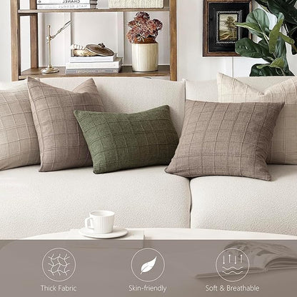 Foindtower Set of 2 Decorative Linen Check Throw Pillow Covers Neutral Farmhouse Vintage Cushion Covers Modern Boho Home Decor for Sofa Chair Couch Bedroom Living Room Outdoor,16×16 Inch,Tan Taupe