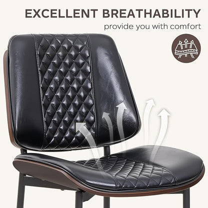 Dining Chairs Set of 2, Upholstered PU Leather Armless Chair, Mid Century Modern Dining Room Chairs, Retro Walnut Bentwood Kitchen Chair with Metal Legs and Adjustable Feet, Black
