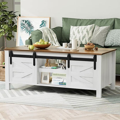 YESHOMY TV Stand Set with a Farmhouse Style Coffee Table,for Living Room,with Big Capacity, White