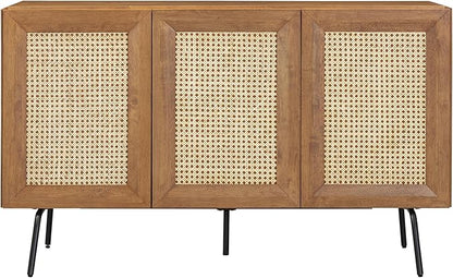 NTC MOSSIC Modern Sideboard with 3 Doors, Natural Rattan Storage Cabinet, Buffet with Metal Legs, Boho Accent Cabinet for Living Room, and Entryway, Effortless Assembly, Teak Look