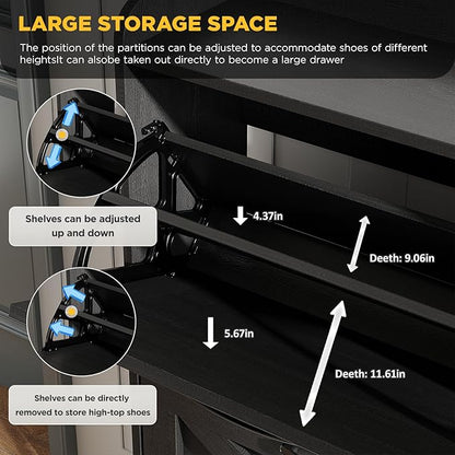 Maupvit Large Shoe Storage Cabinet with 4 Flip Drawers, Narrow Shoe Cabinet for Entryway with Wooden Legs, Freestanding Hidden Shoe Rack Organizer ＆ Metal Hinges, Black