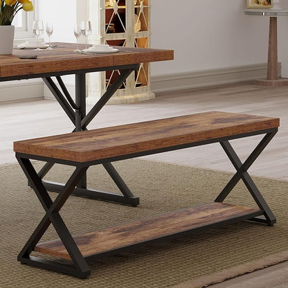 IBF Farmhouse Wood Bench, Industrial Storage Entryway Indoor Bench for Bedroom Hallway Living Room, Rustic Wooden Metal Shoe Rack Accent Foyer Bench Seat for Entrance Sitting, Rustic Brown, 47 in Long