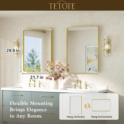TETOTE 22 x 30 Gold Bathroom Mirror Brushed Gold Metal Framed Vanity Mirror, Tempered Glass, Wall Mounted for Bathroom, Entryway, Bedroom, Living Room(Horizontal/Vertical)