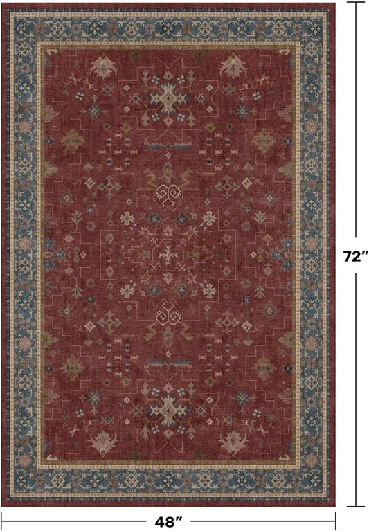 Turkish 4x6 Rug for Living Room Small - Area Rug for Kitchen, Bedside, Foyer Large Entryway Indoor - Washable Stain Resistant Non Slip, Unique Victorian Art Deco, Maroon & Burgundy