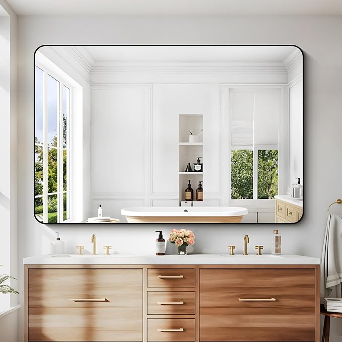 60" x 40"Bathroom Mirror, Matte Black Wall Mirror with Metal Frame, Decorative Rectangular Vanity Mirror for Bedroom Bathroom Living Room Entryway (Horizontal/Vertical)
