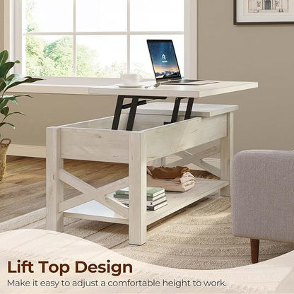 Rolanstar 47.2" Lift Top Coffee Table with Hidden Compartment, 2 Way Lift Top Coffee Table with Open Shelf & X Wooded Support, Farmhouse Center Table for Living Room, Grey