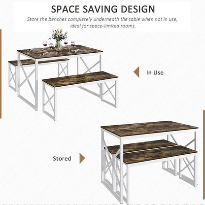VECELO Kitchen Table with 2 Benches for 4, 43.3'' Wood Dining Room Dinette Sets with Metal Frame for Breakfast Nook and Small Space, Dark Brown