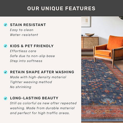 Washable Kitchen Rugs, 3x6 Area Rug for Large Entryway Indoor, Kitchen Mat, Small Rug for Living Room - Stain Resistant Non Skid Non Slip Rubber Backing, Boho Aethestic Décor (3x6 Navy Blue)