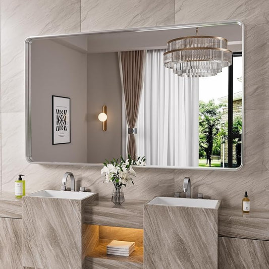Brushed Nickel Bathroom Mirror 55x36 Inch, Brushed Silver Metal Frame Mirror Wall Mounted, Rounded Rectangle Bathroom Vanity Mirror, Tempered Glass, Anti-Rust, Horizontal/Vertical