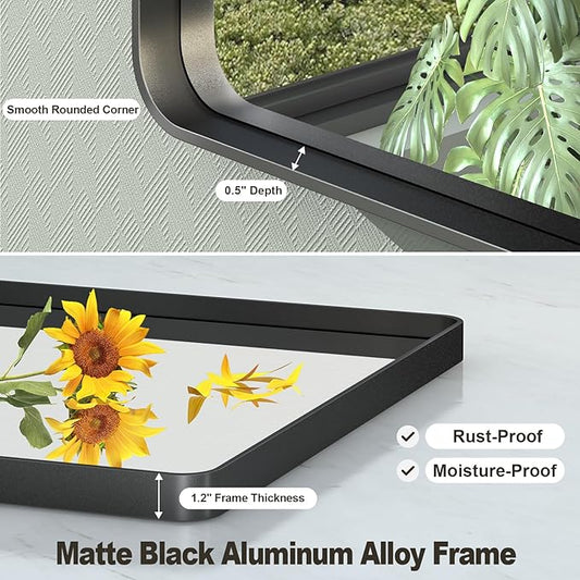 28x36 Inch Black Framed Bathroom Mirror for Wall, Matte Black Metal Frame Mirror, Rounded Rectangle Mirror, Anti-Rust, Shatterproof (Horizontal/Vertical)